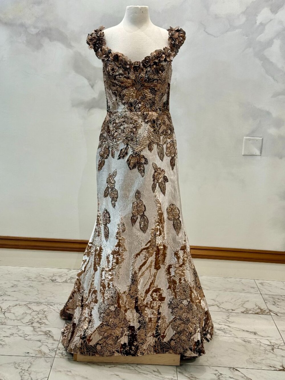Elegant Floral Off Shoulder Metallic Gown